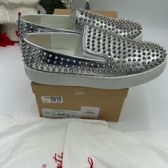 Men's Christian Louboutin roller boat, metallic silver spiked sneakers size 46 - Picture 5 of 11